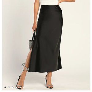 NWT Lulu's Smooth Sophistication Black Satin Midi Skirt XS